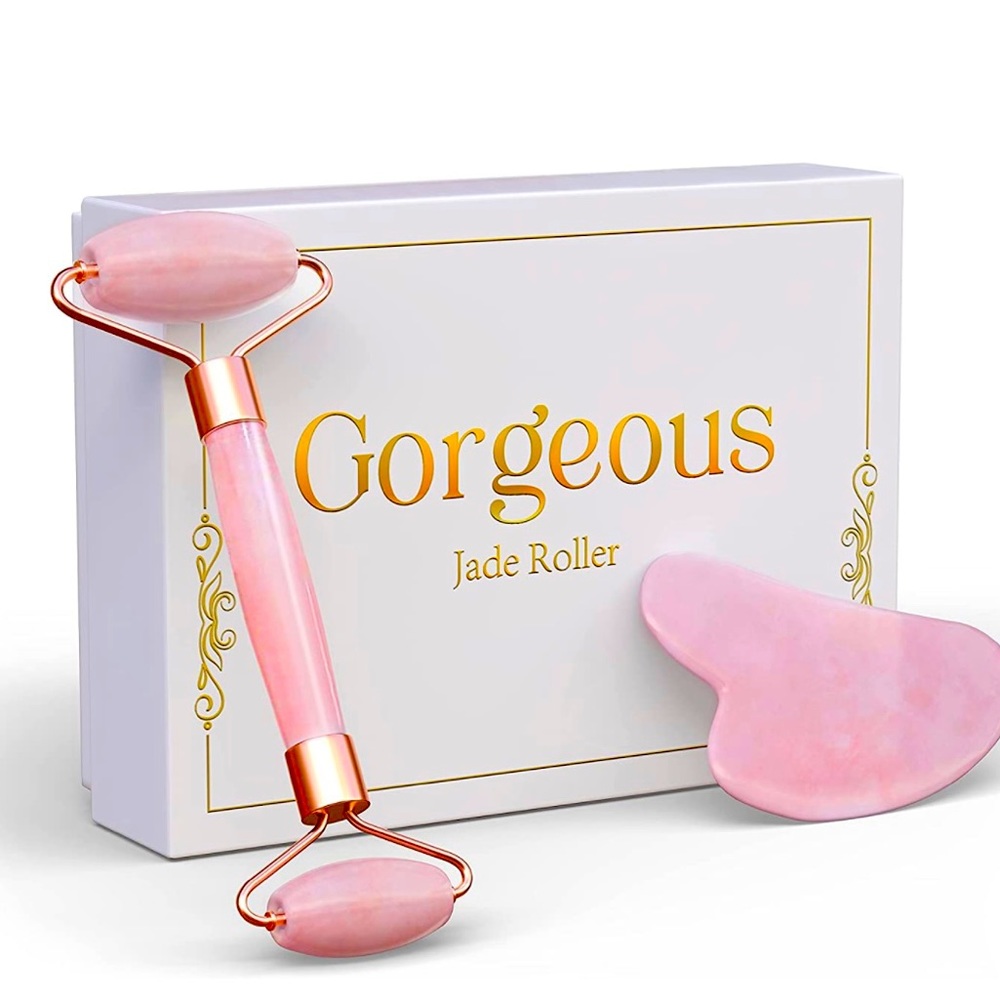 Jade Roller and Gua Sha Set, Rose Quartz Roller